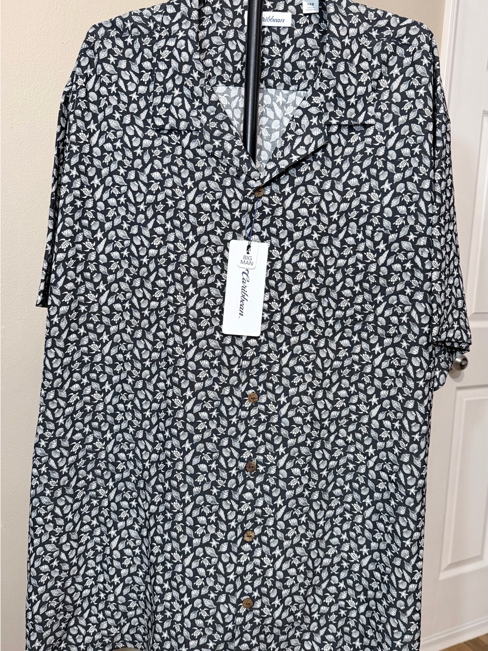 Caribbean Men’s Button-Up Shirt Big & Tall 4XB Black/White Tropical Print NWT